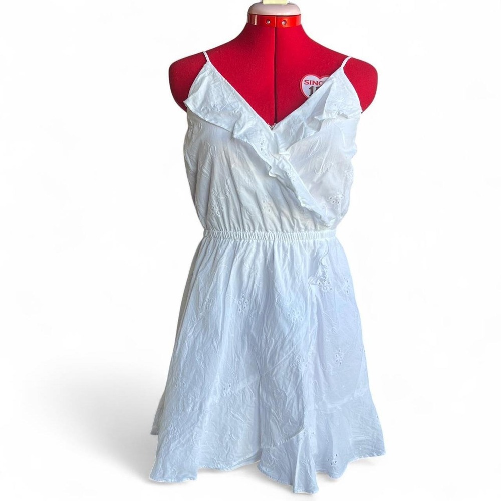 Express White Eyelet Ruffle Mini Dress Adjustable Straps Elastic Waist Size S